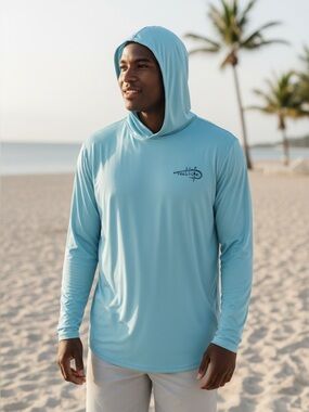 Reel Life Men’s Light Blue Long-Sleeve Hooded Fishing Shirt